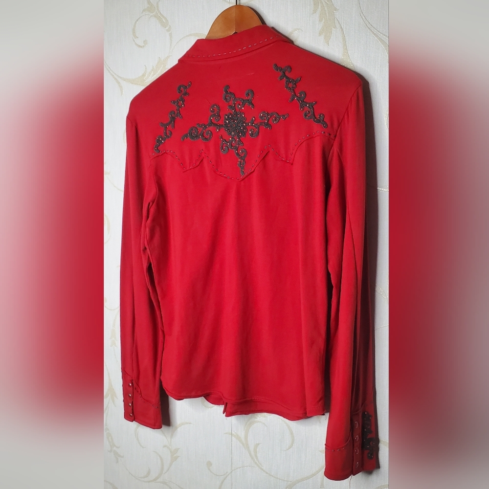 Double D Ranch Red Jewel Rhinestone Detailed longsleeve Button Down Top MEDIUM - Picture 2 of 10